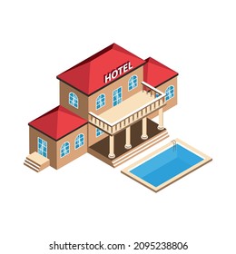 Isometric tourist agency composition with isolated images of hotel building with pool on blank background vector illustration