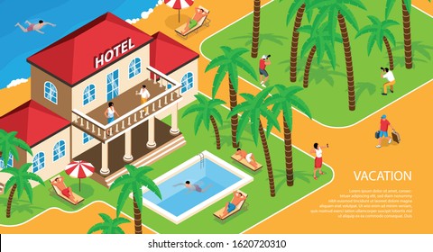 Isometric tourist agency horizontal background with text and hotel building with relaxing people on grounds vector illustration