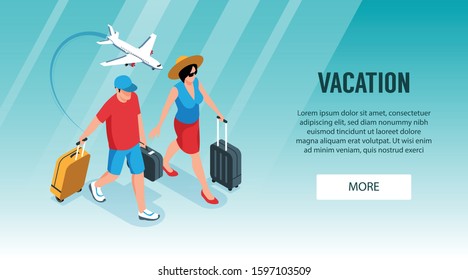 Isometric tourist agency horizontal banner with more button editable text and characters of tourists with suitcases vector illustration