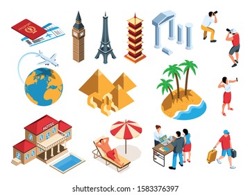 Isometric tourist agency set with isolated icons places of interest and human characters on blank background vector illustration