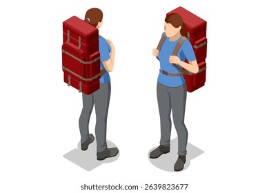 Isometric Tourist with a backpack. Hiker with equipment trekking. A woman carry a rucksack or knapsack in a journey. Trekking, outdoor adventure, travel planning