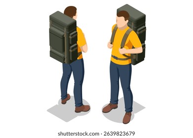 Isometric Tourist with a backpack. Hiker with equipment trekking. A man carry a rucksack or knapsack in a journey. Trekking, outdoor adventure, travel planning