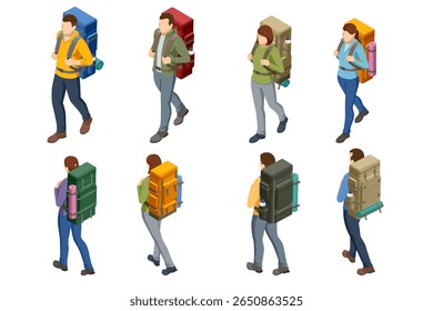 Isometric Tourist with a backpack. Hiker with equipment trekking. A woman carry a rucksack or knapsack in a journey Trekking, outdoor adventure, travel planning