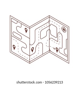 Isometric tourist map vector icon with forest area and pins in line art. Navigation travel pictogram with marks and route in isometry.