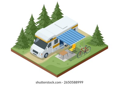 Isometric Tourist motor home, camper. Isometric illustration of a camper van parked in a forest with pine trees, bike, table, chairs, and awning. Outdoor camping, road trip, and travel lifestyle conce