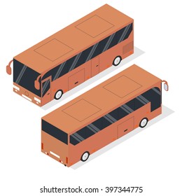 Isometric tourist realistic bus in a flat style. The front and back. Urban transport for passengers and things. Vector illustration. Isolated on white background.