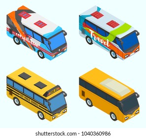 isometric tourist sports school buses vector drawing