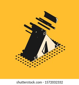 Isometric Tourist tent with flag icon isolated on yellow background. Camping symbol.  Vector Illustration