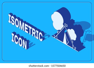 Isometric Tourist tent with flag icon isolated on blue background. Camping symbol.  Vector Illustration