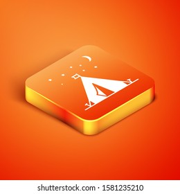 Isometric Tourist tent with flag icon isolated on orange background. Camping symbol.  Vector Illustration