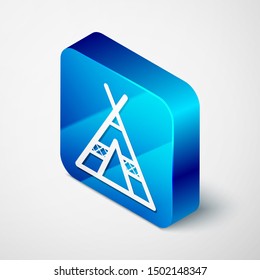 Isometric Tourist tent icon isolated on white background. Camping symbol. Blue square button. Vector Illustration
