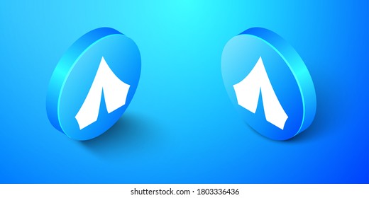 Isometric Tourist tent icon isolated on blue background. Camping symbol. Blue circle button. Vector.