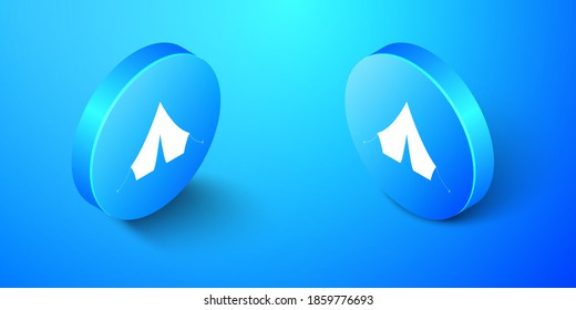 Isometric Tourist tent icon isolated on blue background. Blue circle button. Vector.