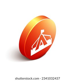 Isometric Tourist tent icon isolated on white background. Camping symbol. Orange circle button. Vector