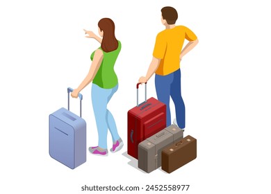 Isometric Tourist Travel Abroad in Free Time Rest Getaway Air Flight Trip Journey Concept. Couple Being Ready to go for their Holidays with Colorful Suitcases isolated on background