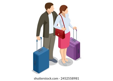 Isometric Tourist Travel Abroad in Free Time Rest Getaway Air Flight Trip Journey Concept. Couple Being Ready to go for their Holidays with Colorful Suitcases isolated on background