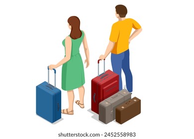 Isometric Tourist Travel Abroad in Free Time Rest Getaway Air Flight Trip Journey Concept. Couple Being Ready to go for their Holidays with Colorful Suitcases isolated on background