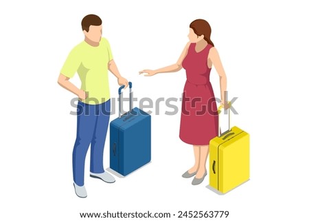 Isometric Tourist Travel Abroad in Free Time Rest Getaway Air Flight Trip Journey Concept. Couple Being Ready to go for their Holidays with Colorful Suitcases isolated on background