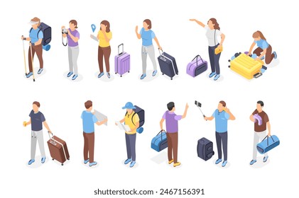 Isometric tourists with luggage. People travel with backpack and bags, hiking and vacation. Isolated men women with suitcases, flawless vector set