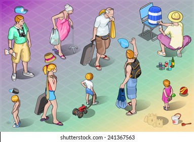 Isometric Tourists Peoples Set in Vacation Resort. 