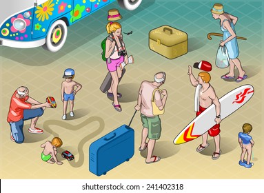 Isometric Tourists Peoples Set in Vacation Resort. 