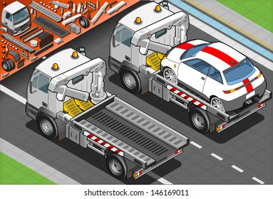Isometric Tow Truck in Car Assistance in Rear View