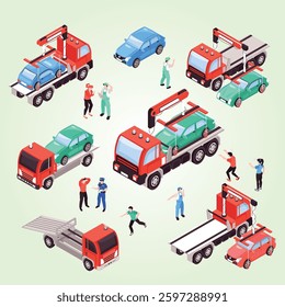 Isometric tow truck horizontal composition with editable text colourful graphs of vehicles with people