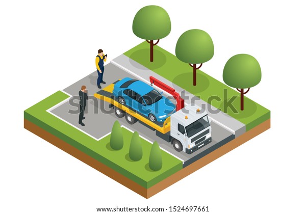 Isometric Tow truck, roadside assistance .\
Tow truck for transportation faults and emergency cars. The tow\
truck picks up the car on the penalty\
area.