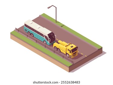 Ônibus de reboque de caminhão de reboque isométrico na estrada. Ilustração vetorial