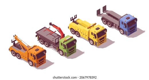 Isometric tow trucks set. Vector illustration. Collection