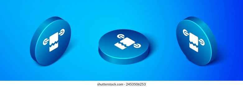 Isometric Towel on a hanger icon isolated on blue background. Bathroom towel icon. Blue circle button. Vector