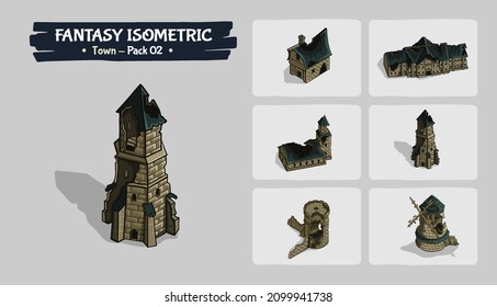 Isometric Town building Fantasy game assets pack-Vector Illustration