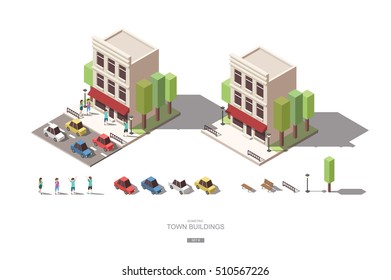 isometric town buildings with people, car and tree vector icon design Set B