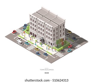 isometric town buildings with people, car and tree vector icon design Set K