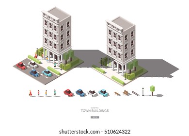 isometric town buildings with people, car and tree vector icon design Set G