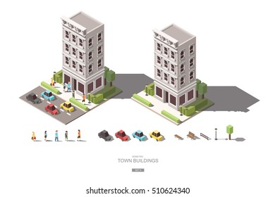 isometric town buildings with people, car and tree vector icon design Set H