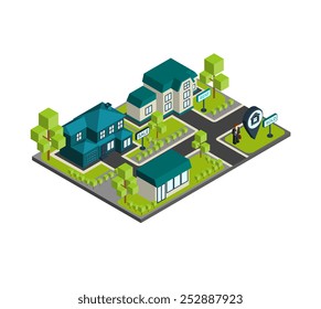 Isometric town concept with 3d buildings and real estate agent icons vector illustration