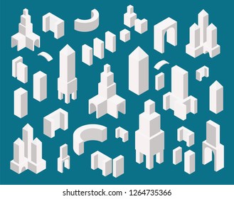 Isometric town constructor set for creating your city map. Simple minimalistic office buildings design. Vector illustration