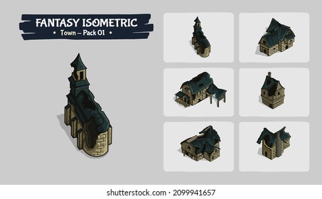 Isometric Town Fantasy game assets- Vector Illustration