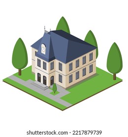 Isometric town hall with background, trees, pavement. Building, city architecture.