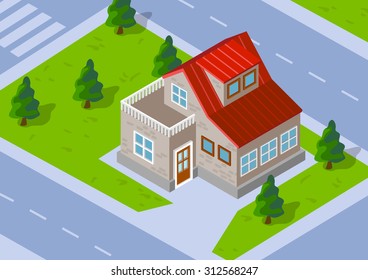 Isometric Town house with a green lawn