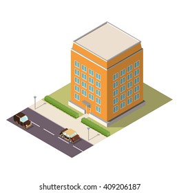 Isometric town house. multystoried building road cars vector. 