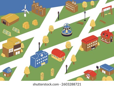 Isometric town landscape illustration with buildings, roads, parks, and urban elements