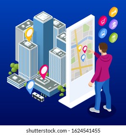 Isometric town map with GPS navigation mobile application, Traveling Navigation, interactive city navigation. City navigation map with pins or gps map, cityscape.