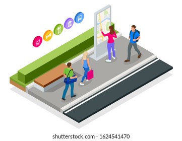 Isometric town map with GPS navigation mobile application, Traveling Navigation, interactive city navigation. City navigation map with pins or gps map, cityscape.
