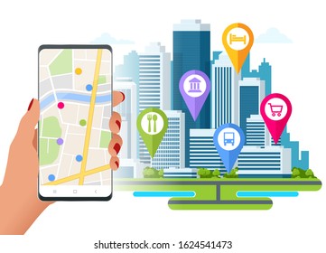 Isometric town map with GPS navigation mobile application, Traveling Navigation, interactive city navigation. City navigation map with pins or gps map, cityscape.