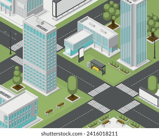 Isometric town. Simple apartments and business buildings, crossroad and public transport stop. Ad billboards on street, park zones, flawless vector scene