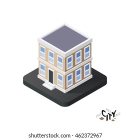 Isometric townhouse flat icon isolated on white background, building city infographic element, digital low poly graphic, vector illustration