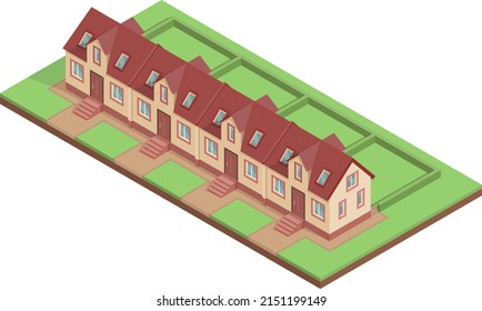 Isometric Townhouse Of Four Sections With Attic Floor. Vector Illustration.