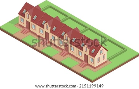 Isometric townhouse of four sections with attic floor. Vector illustration.